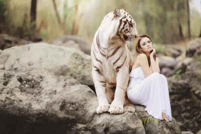 Serene Woman and Majestic White Tiger Resting in Ethereal Forest image