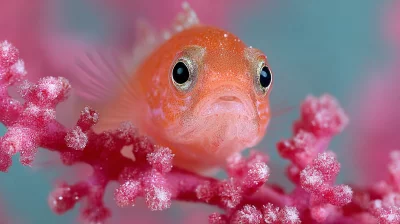 Close-up of a Vibrant Orange Pygmy Goby Resting on Textured Pink Coral image