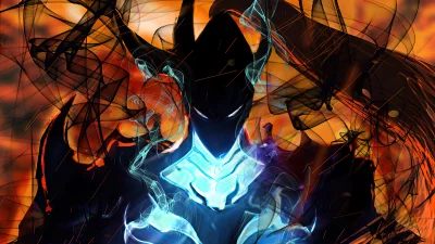 Mysterious Dark Figure with Luminous Blue Power and Dynamic Orange Abstract Background image