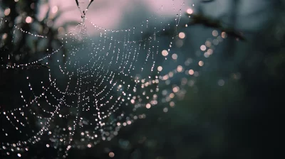 Glistening Spiderweb Adorned with Morning Dew Drops and Soft Bokeh Lights in Nature image