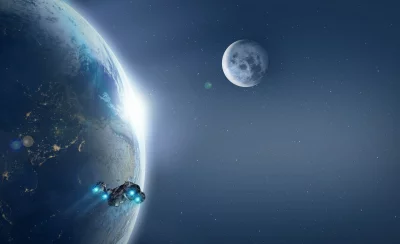 Futuristic Spaceship Navigating Earth's Orbit with Distant Moon and Starry Sky image
