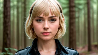 Captivating Blonde Woman with Green Eyes in Black Leather Jacket in Serene Forest image