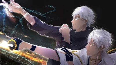 White-haired anime heroes harnessing lightning power over a dynamic futuristic city image