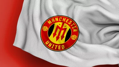Dynamic Manchester United FC Logo on Textured White Fabric with Vibrant Red Background image