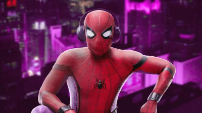 Spider-Man Wearing Headphones Relaxing with Music in a Neon City Night image