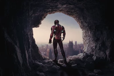 Superhero Figure Emerging from Dark Cave Overlooking a Metropolis at Dawn image