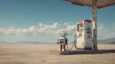 Vintage Robot Stands Beside Abandoned Gas Pump in Desolate Desert Landscape