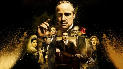 Iconic The Godfather movie poster with cast, dramatic cinematic collage and grunge texture image