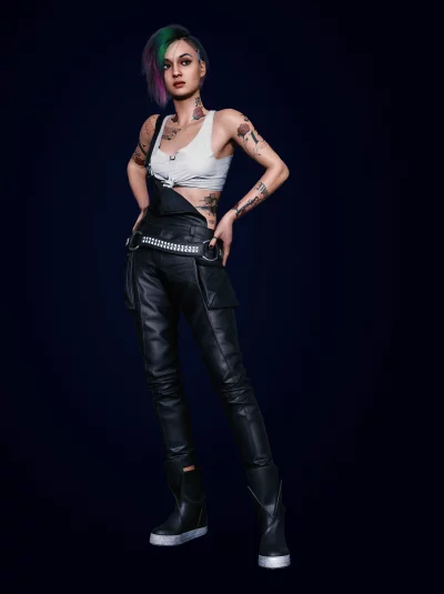 Edgy Cyberpunk Woman Posing Confidently with Vibrant Hair and Tattoos image