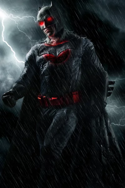 Batman Resolute in Rain with Glowing Red Eyes and Lightning image