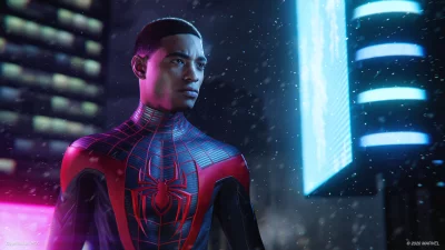 Miles Morales Spider-Man Looking Focused in Dynamic Red and Blue Neon City image