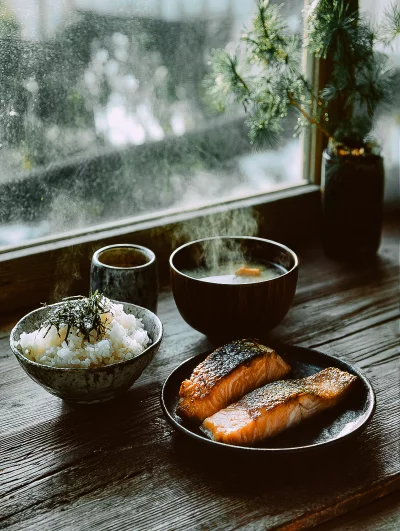 Warm and Healthy Japanese Breakfast with Savory Salmon, Fluffy Rice, and Steaming Soup