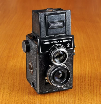 Vintage Soviet Lubitel 166V Twin Lens Reflex Camera on Wood Table image