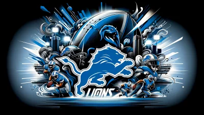 Dynamic American Football Scene with Blue Lions Team Spirit and Cityscape image
