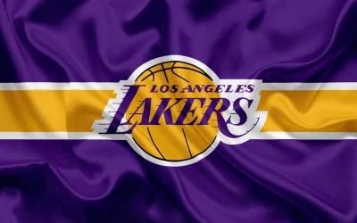 Los Angeles Lakers Basketball Team Emblem Waving on Fabric Background image