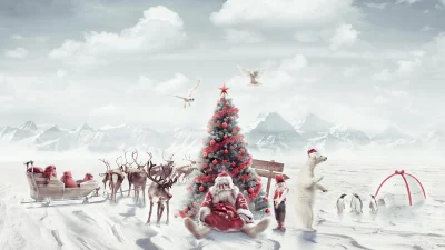 Merry Arctic Christmas: Santa Claus, Reindeer, Polar Bear, Penguins, and Snowy Peaks image