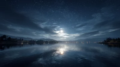 Starry Night Over Moonlit Lake with Distant City Lights Landscape