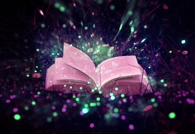 Enchanted Glowing Book in Mystical Forest with Magical Lights and Fantasy Aura image
