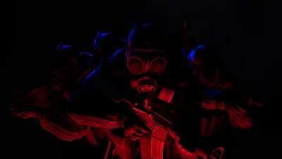 Futuristic Tactical Gas Mask Squad with Neon Red Blue Light PNG image