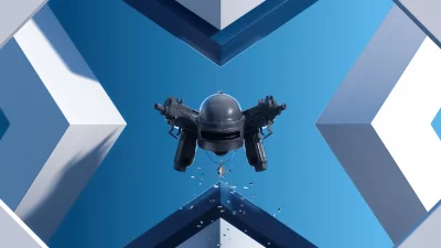 Tactical Helmet and UZI Submachine Guns on Dynamic Blue Geometric Background image