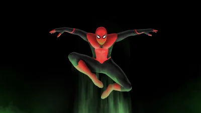 Dynamic Spider-Man in Iconic Red and Black Suit Mid-Air with Green Energy Glow image