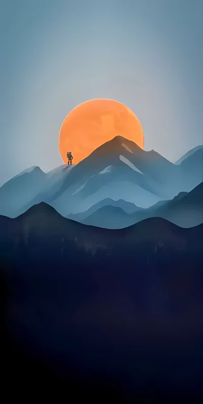 Lone hiker watches vibrant sunset over majestic mountain peaks