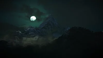 Full Moon Over Misty Snow-Capped Mountains at Night image