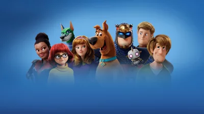 Scooby-Doo Mystery Gang and Friends Animated Movie Characters on Blue Background image
