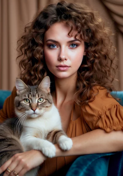Young Woman with Curly Hair Cuddling Fluffy Tabby Cat on Sofa image