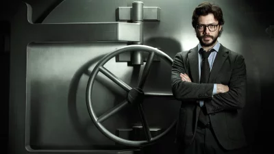 Intelligent Mastermind Posing Confidently in Front of a Secure Bank Vault Door image