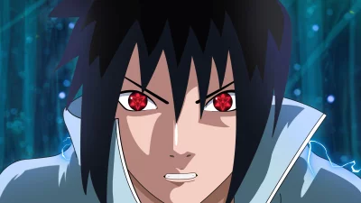 Intense Anime Character with Glowing Red Sharingan Eyes and Blue Lightning Aura image