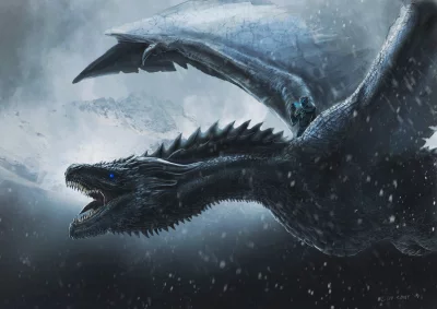 Epic Ice Dragon and Night King Flying through a Snowy Mountain Storm image