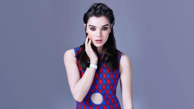 Stylish Woman in Geometric Dress with Smartwatch Posing Elegantly, Modern Fashion Portrait image