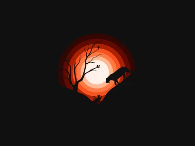 Nocturnal Jungle Silhouette: Panther, Birds, and Animals Against Radiant Sunset image