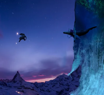 Dreamlike Realm: Winged Elephants Fly Over Snowy Mountains with Mystical Ice Whale image