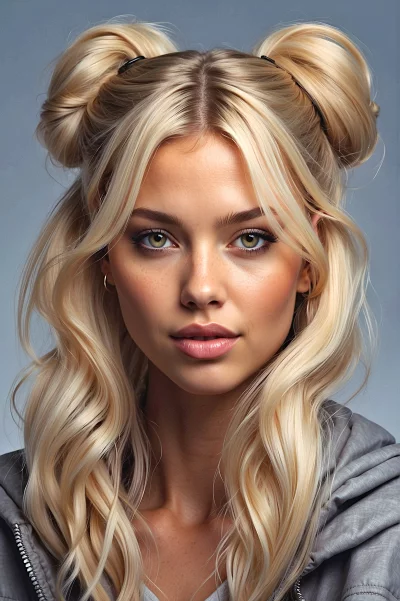 Captivating Blonde Woman with Playful Space Buns and Green Eyes image