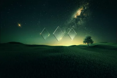 Mystical Night Landscape with Floating Crystal Diamonds, Starry Sky, and Lone Tree image