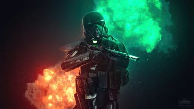Armored Sci-Fi Trooper with Rifle Amidst Red Explosion and Green Smoke image