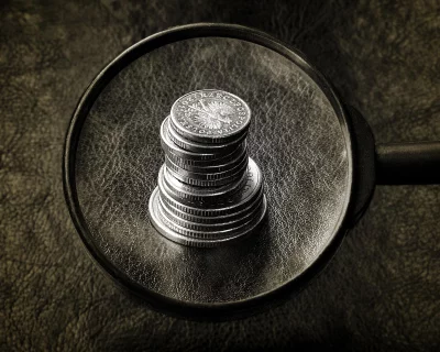 Magnifying Glass Examining Stack of Polish Zloty Coins on Dark Textured Background image