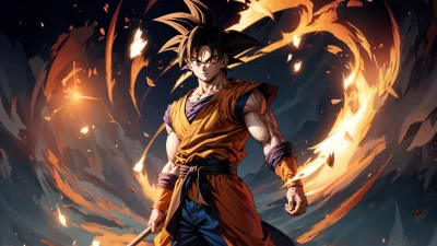 Mighty Anime Warrior Unleashing Fiery Energy Aura in Dynamic Battle Scene image
