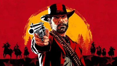 Rugged Western Outlaw Points Revolver Towards Viewer with Sunset Horizon image