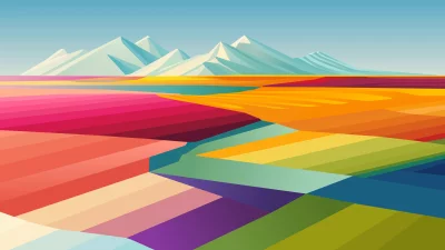 Vibrant Abstract Landscape with Geometric Fields and Stylized Mountains Under Clear Sky image