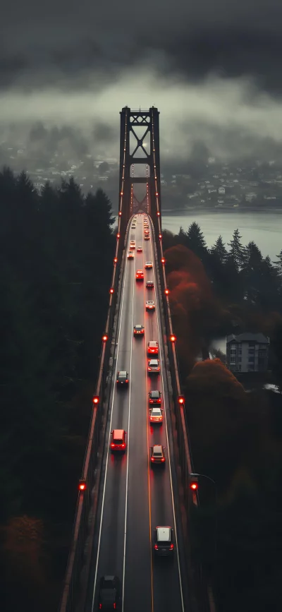 Dramatic Suspension Bridge Traffic on a Misty Evening with Glowing Taillights image