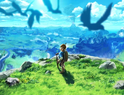 Heroic Link Gazing Over Vast Hyrule Fantasy Landscape with Distant Volcano image