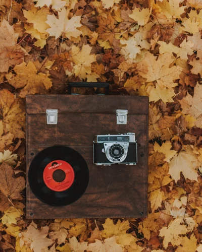 a flat lay of a brown leather case with a camera and a vinyl record on top of it
