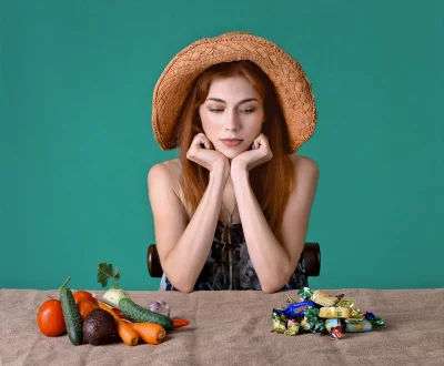 Woman in Straw Hat Contemplating Food Choices: Vegetables versus Sweets image