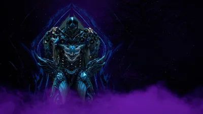 Dynamic Sci-Fi Sentinel Figure with Glowing Blue Accents on Abstract Dark Backdrop image
