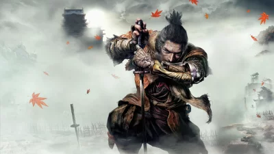Fierce Sekiro Samurai Warrior with Katana in Misty Feudal Japan Landscape image