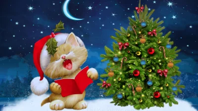 Adorable Kitten Caroling by Decorated Christmas Tree at Night image