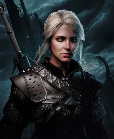 Blonde warrior woman in intricate fantasy armor with sword against dark ruins image